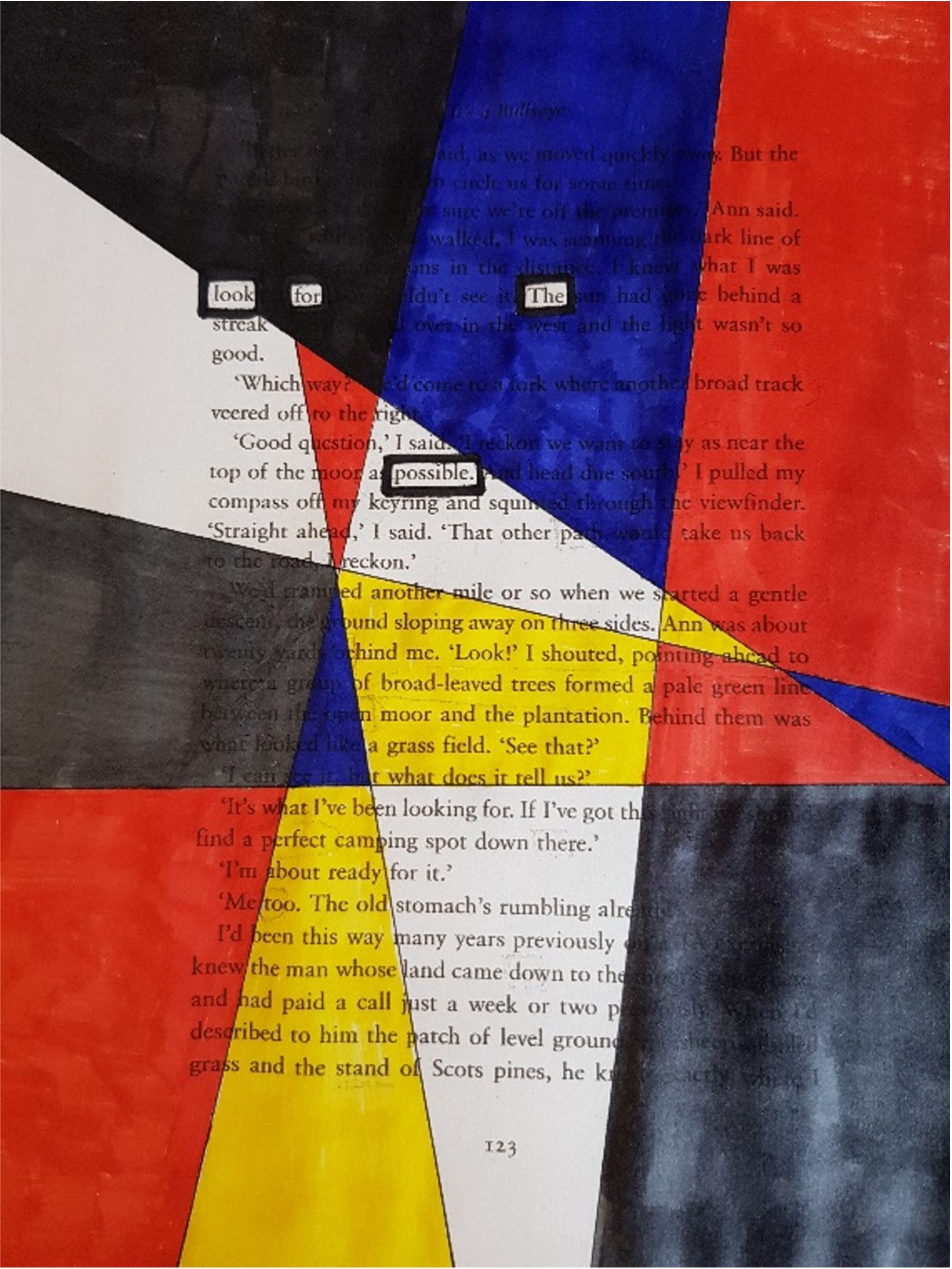 A book page with words partly covered by bold, painted shapes in red, blue, yellow, black and white. Four words have been outlined in black and stand out from the colourful shapes—“look,” “for,”, 
