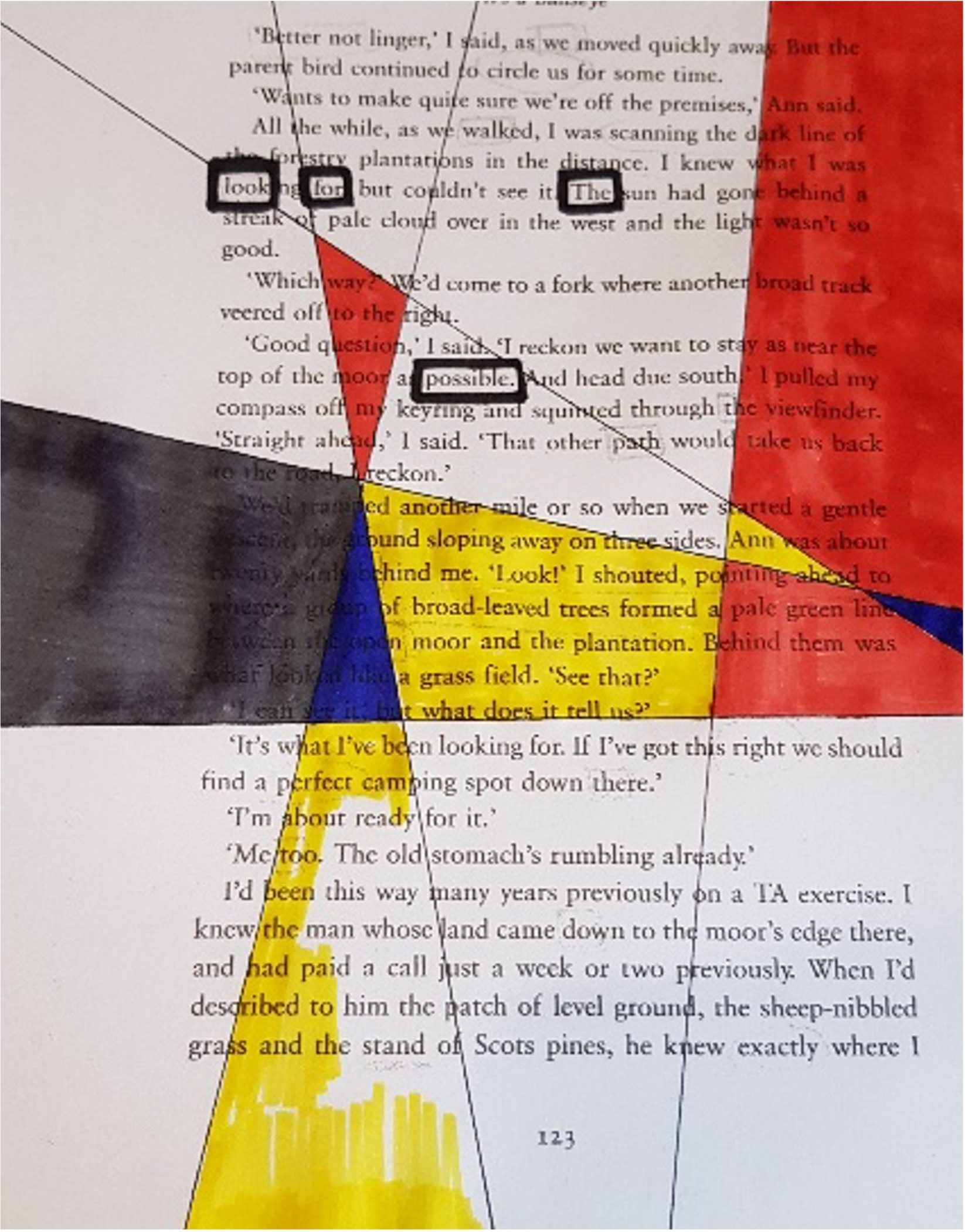 A book page with printed text partly covered by bold shapes in red, blue, yellow, black, and white. One of the shapes are partially coloured in suggesting it is a work in progress. Four words have been outlined in black —“look,” “for,” 