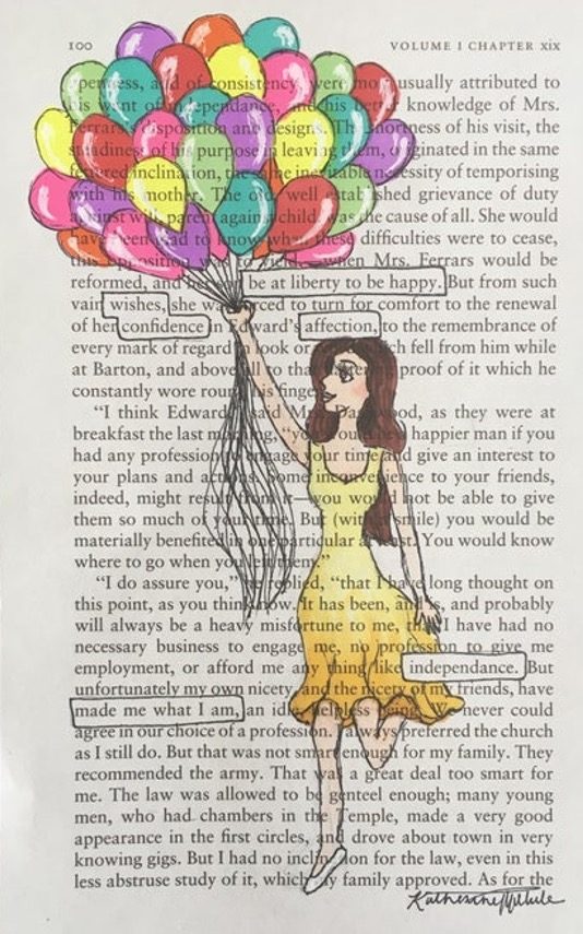 A book page with printed text and a colourful drawing of a person holding a large bunch of balloons. The balloons are in bright colours—red, yellow, green, purple, and orange—and fill the top left of the page. The person is wearing a yellow dress and has long brown hair. Several words have been outlined in black boxes to form a blackout poem: “be at liberty to be happy. Wishes confidence affection independance made me what I am” The page number “100” appears at the top.