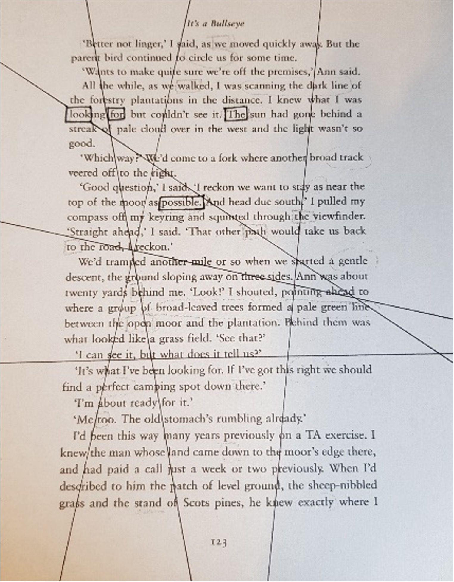 A book page with printed text and thin black lines in random places overlapping to create different shapes. Four words are outlined in black boxes—“look,” “for,” 