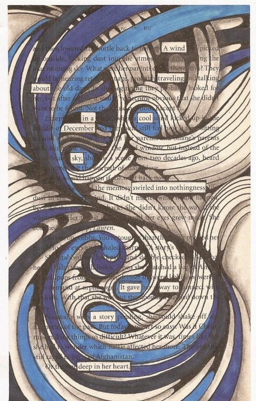 A book page with printed text covered by swirling abstract patterns in black, grey, and blue. The design forms curved shapes that loop across the page. Several words across the page are outlined and kept out of the design forming the sentence: 