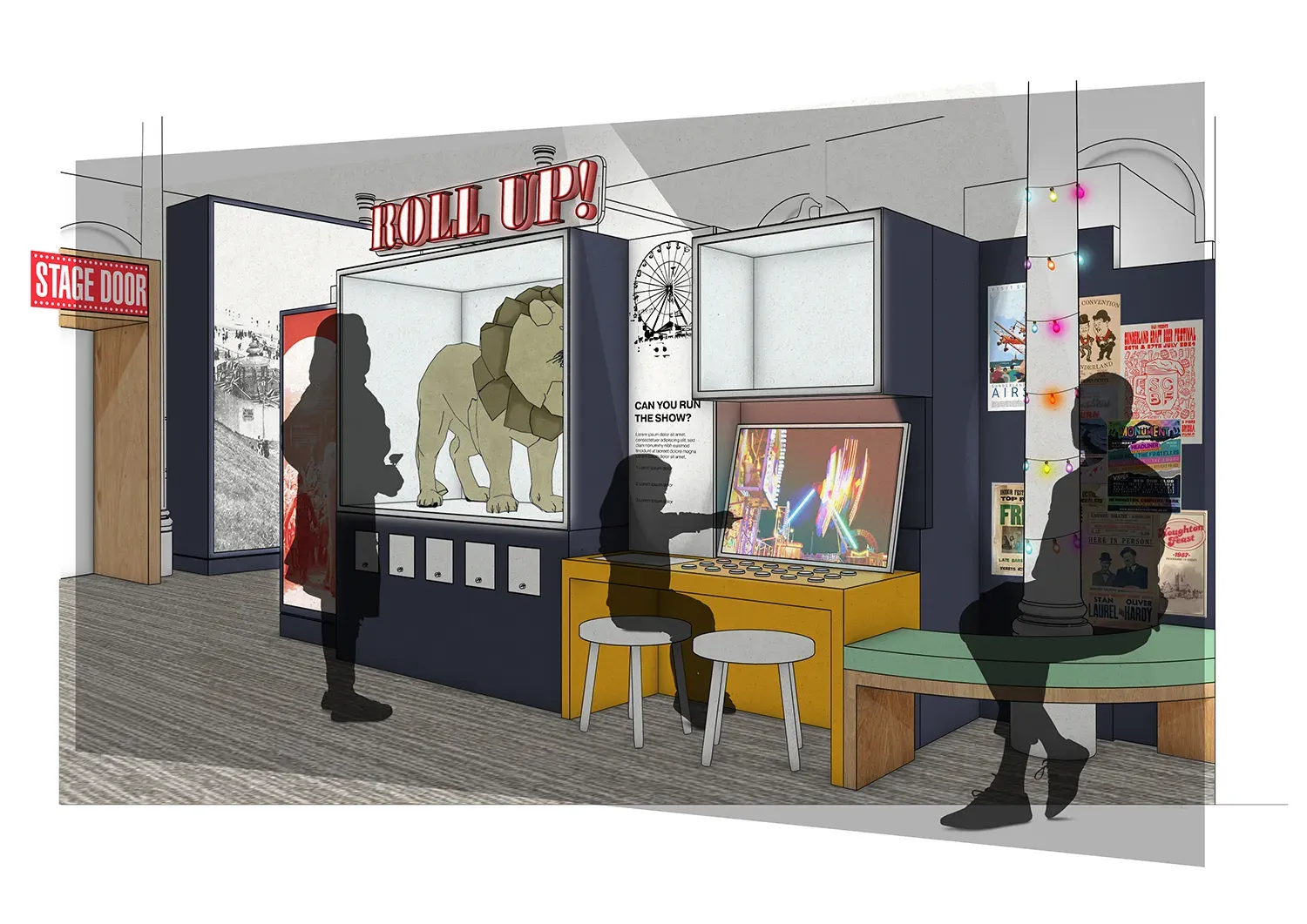 A bright indoor room shows a large display case with a model lion inside under a sign that says 