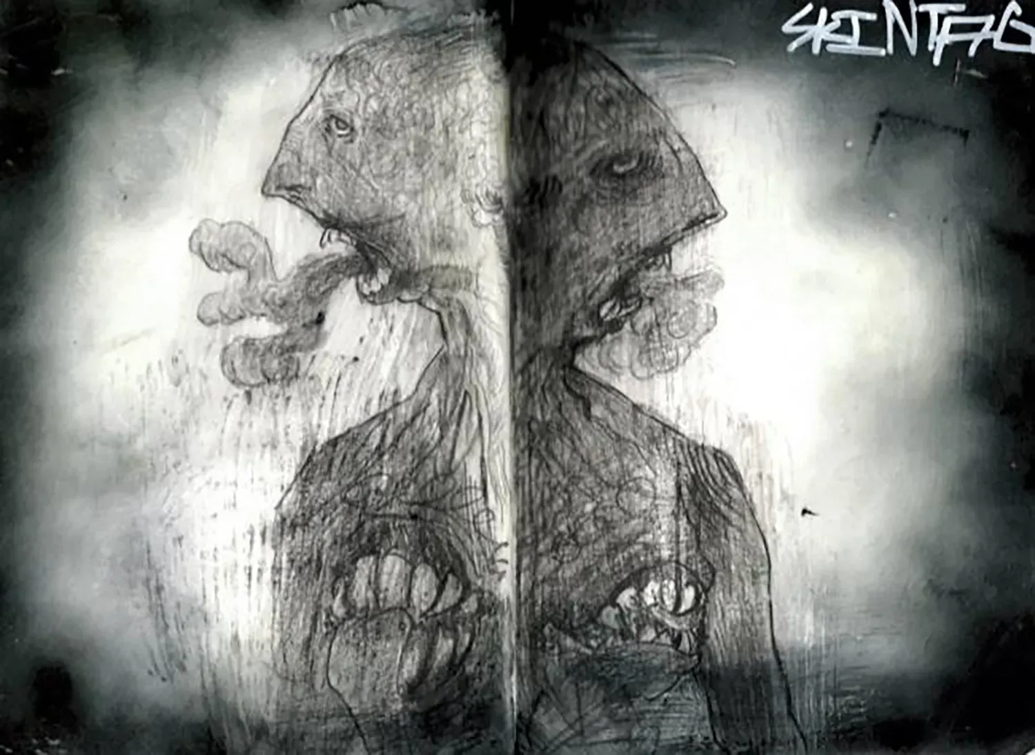 A black and white sketch shows a human-type figure split down the middle into two parts. There are two faces looking away from each other. Both have open mouths with curly clouds of smoke coming out. The whole drawing is made of many scratchy lines. In the top right corner, the word 