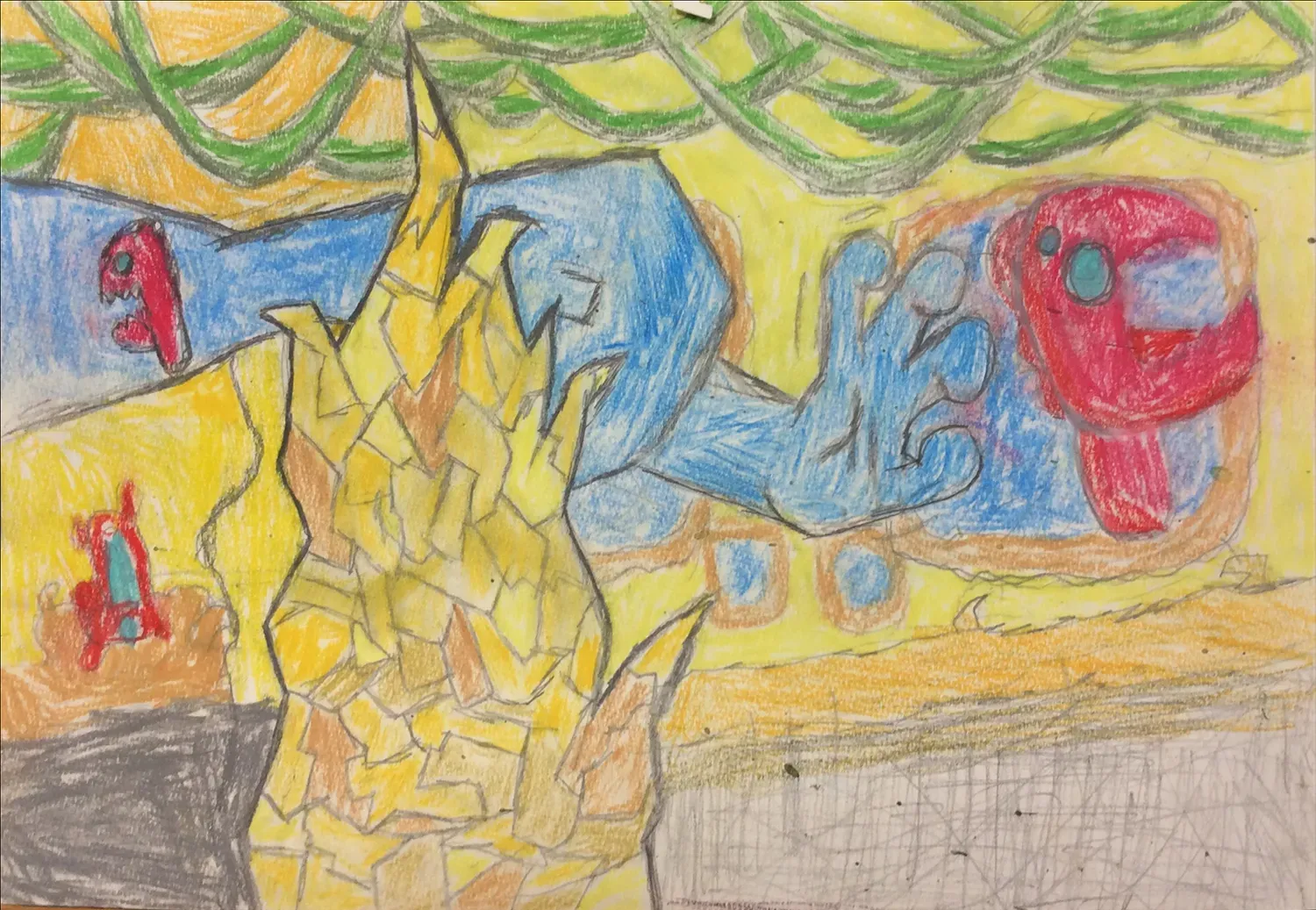 A colourful drawing shows an abstract scene. On the left, there is a tall, pointed shape made of many small yellow and orange patches. A large blue hand or arm reaches across the middle of the picture from the left. There are two small red figures; one is on the far left, and the other is on the right inside a blue rectangle. At the top, there are many green wavy lines that look like vines. The background is yellow, and the ground at the bottom is brown and grey.