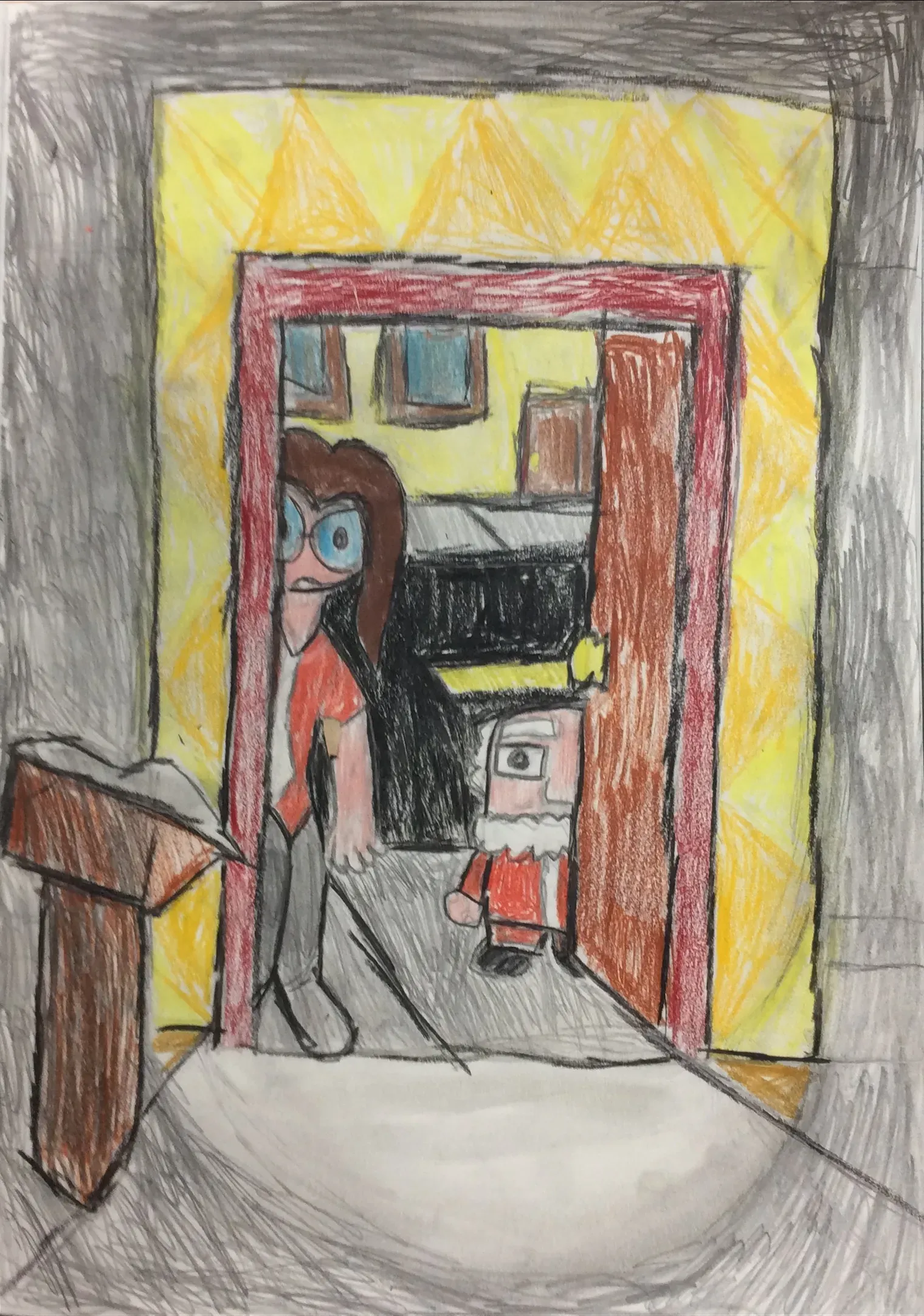 A colourful drawing shows two people peeking out from behind a red doorway. One is tall with long brown hair and glasses, the other is short and has a white beard and eyebrows. Inside the room, the walls are bright yellow with a diamond pattern, and there is a small, square figure in a red suit. In the bottom left corner, there is a brown wooden stand. The walls surrounding the doorway are dark grey.
