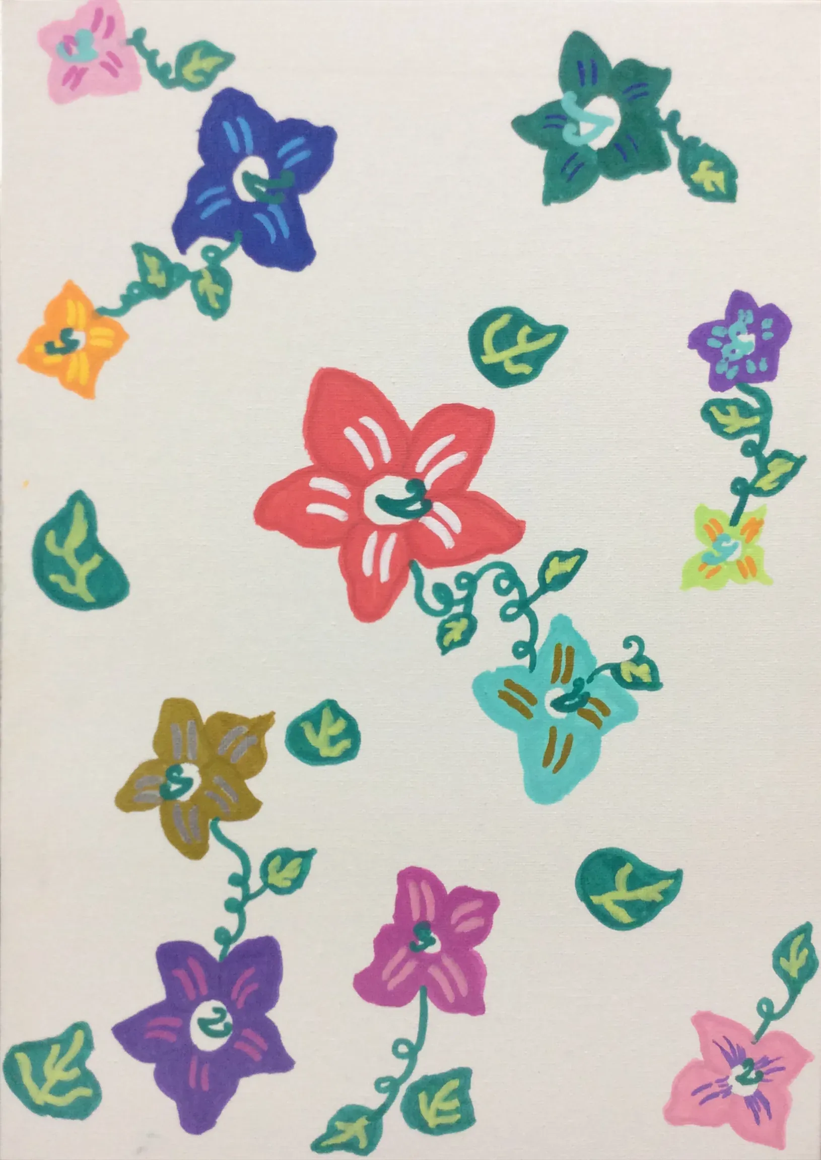 A hand-drawn illustration on a white background features several stylized flowers and green leaves. Each flower has a white circle in the centre with a small green swirl. The flowers come in various colours, including red, blue, purple, orange, and pink, and some have simple line details on their petals. Curly green vines connect some flowers to small leaves, while other leaves are scattered independently across the page.