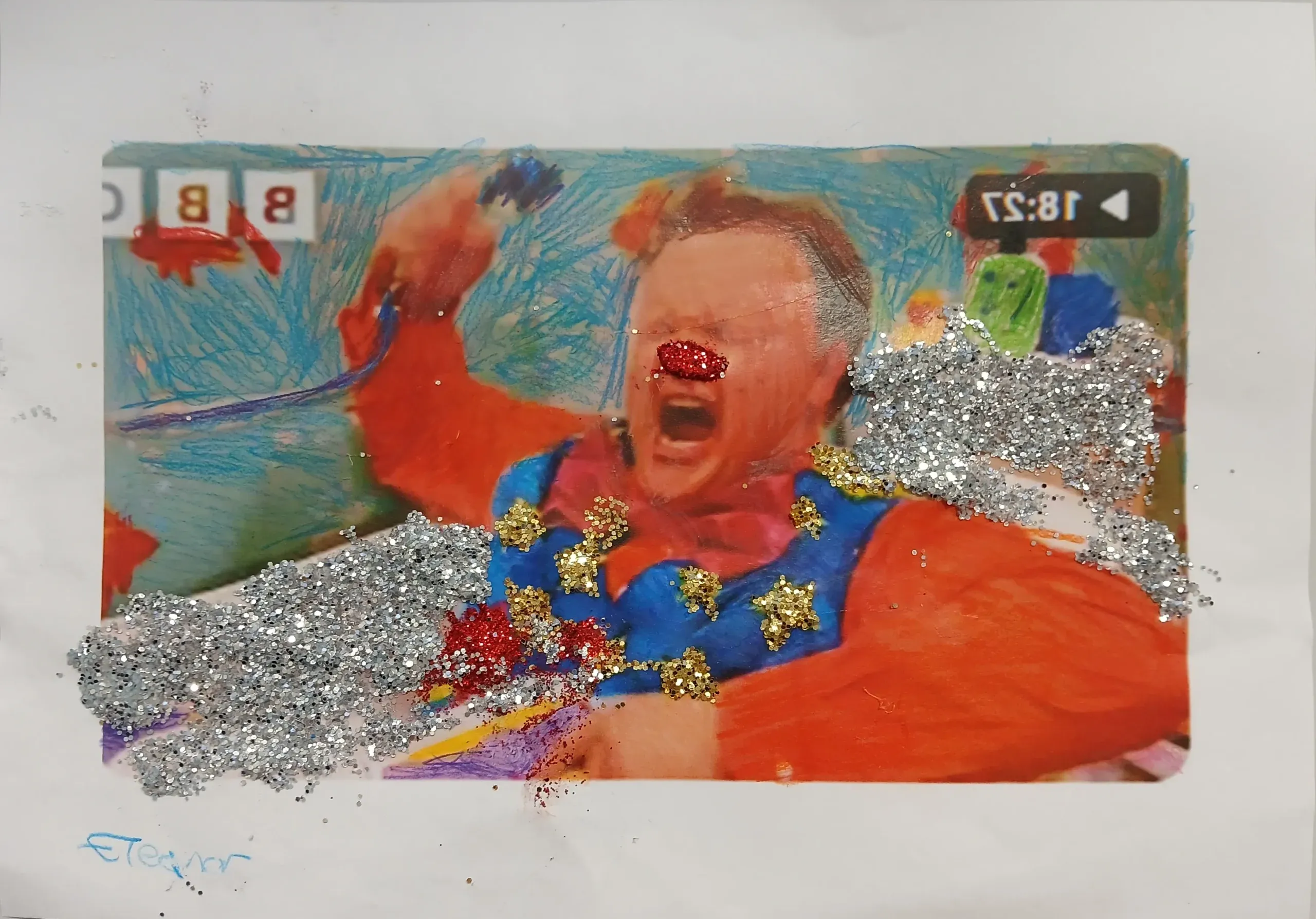 This colourful mixed-media artwork features a photograph of a man with an open-mouthed, laughing expression. He has a bright red glittery nose and wears an orange shirt with a blue vest adorned with gold glitter stars. Large patches of silver glitter are applied over the image, particularly on the right and lower-left sections. The background includes blue scribbled lines, a 'BBC' logo in the top left, and a '18:27' timestamp in the top right. The name 'Eleanor' is written in blue ink in the bottom left corner.