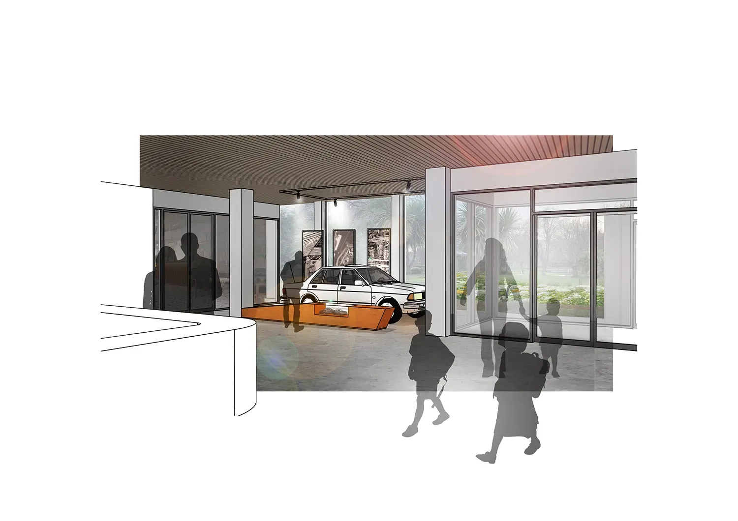 A drawing of a bright entrance area with a grey floor and large glass doors. A white car sits on an orange stand to the left of the doors. Several dark shapes of people and children walk through the space. Green plants and trees are visible through the windows in the background.