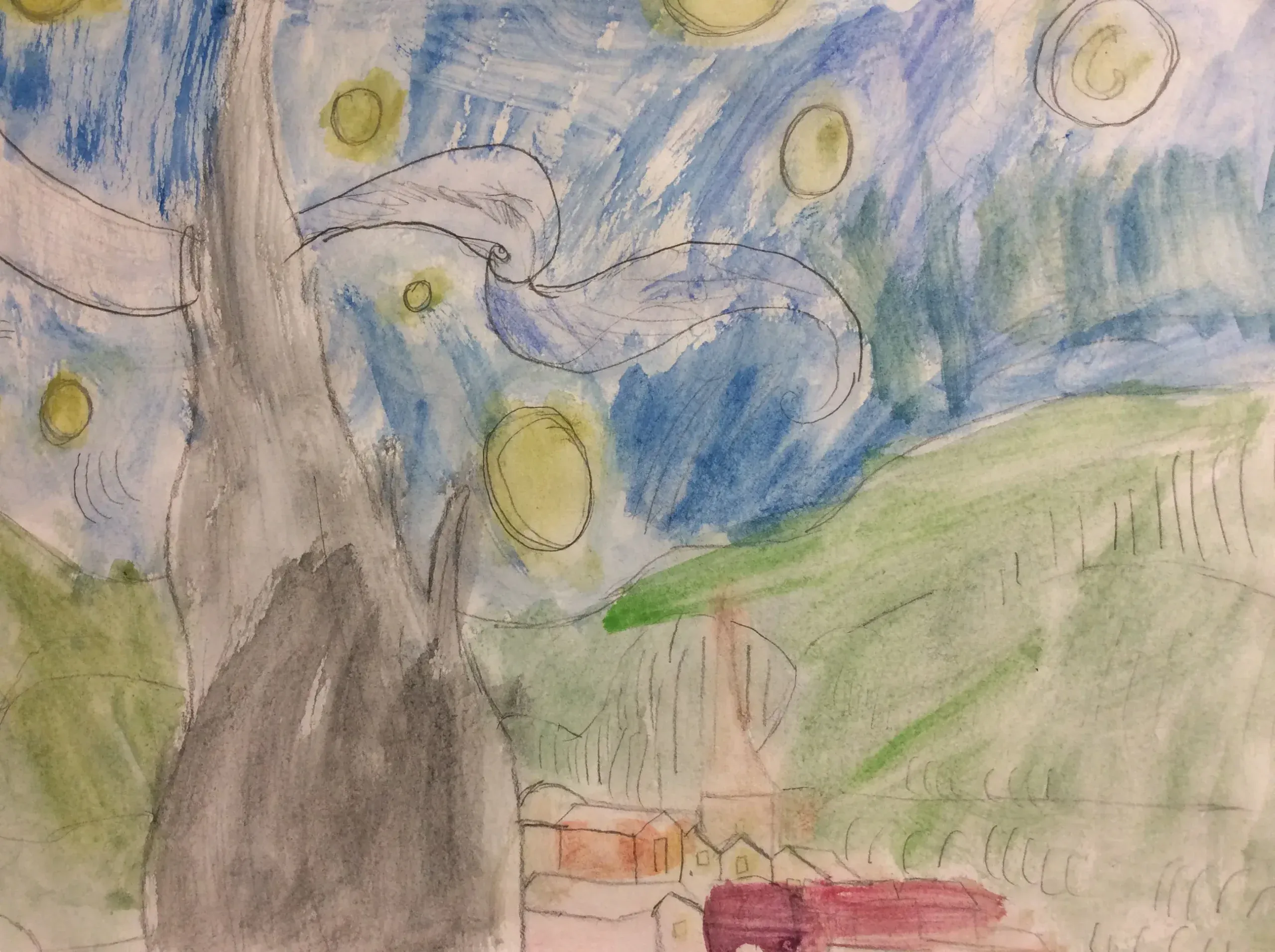 A watercolour painting shows a night sky filled with many yellow circles that look like stars. A large grey tree trunk stands on the left side. In the middle of the blue and white sky, there is a wavy shape that looks like wind. At the bottom, there are green hills and a small village with red roofs.