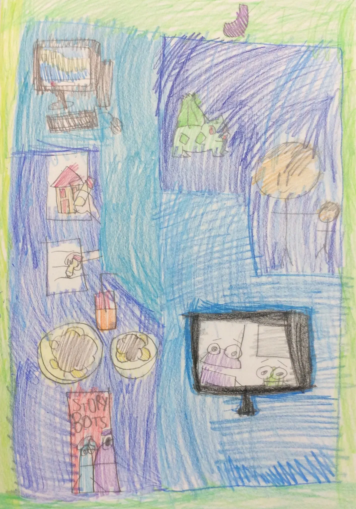 A drawing resembling a house floorplan on a green background with rooms coloured in different shades of blue. In one section, there is a computer with a mouse and keyboard. In another there is a green creature on four legs with a bud-like shape on its back alongside two brown stick figures. In another room is a black TV screen with two characters in purple and green with large white eyes on top of their heads. In the last room, there are two different drawings of a hand drawing on white. There is also a couple of plates and what looks like a pink glass with orange liquid and a grey bendy straw. It also has a red rectangle with a purple figure and a blue figure on it with the words in grey pencil above them reading 'STORY BOTS'.
