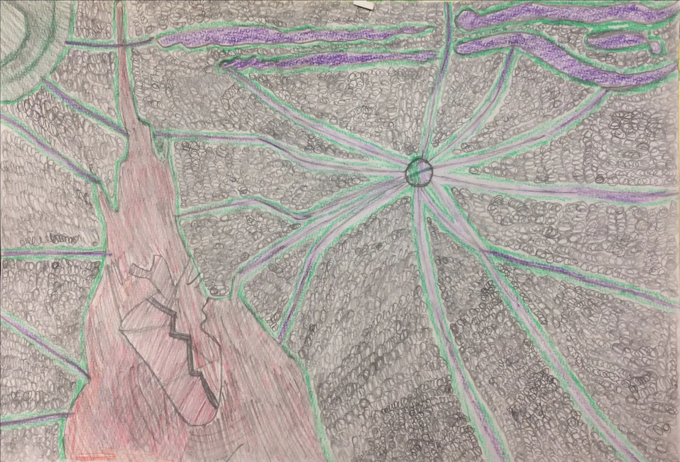 A colourful drawing made with many small grey circles. On the left, there is a tall brown shape with a zigzag crack. In the middle, purple and green lines spread out from a small circle like a web. At the top, there are two long purple shapes.