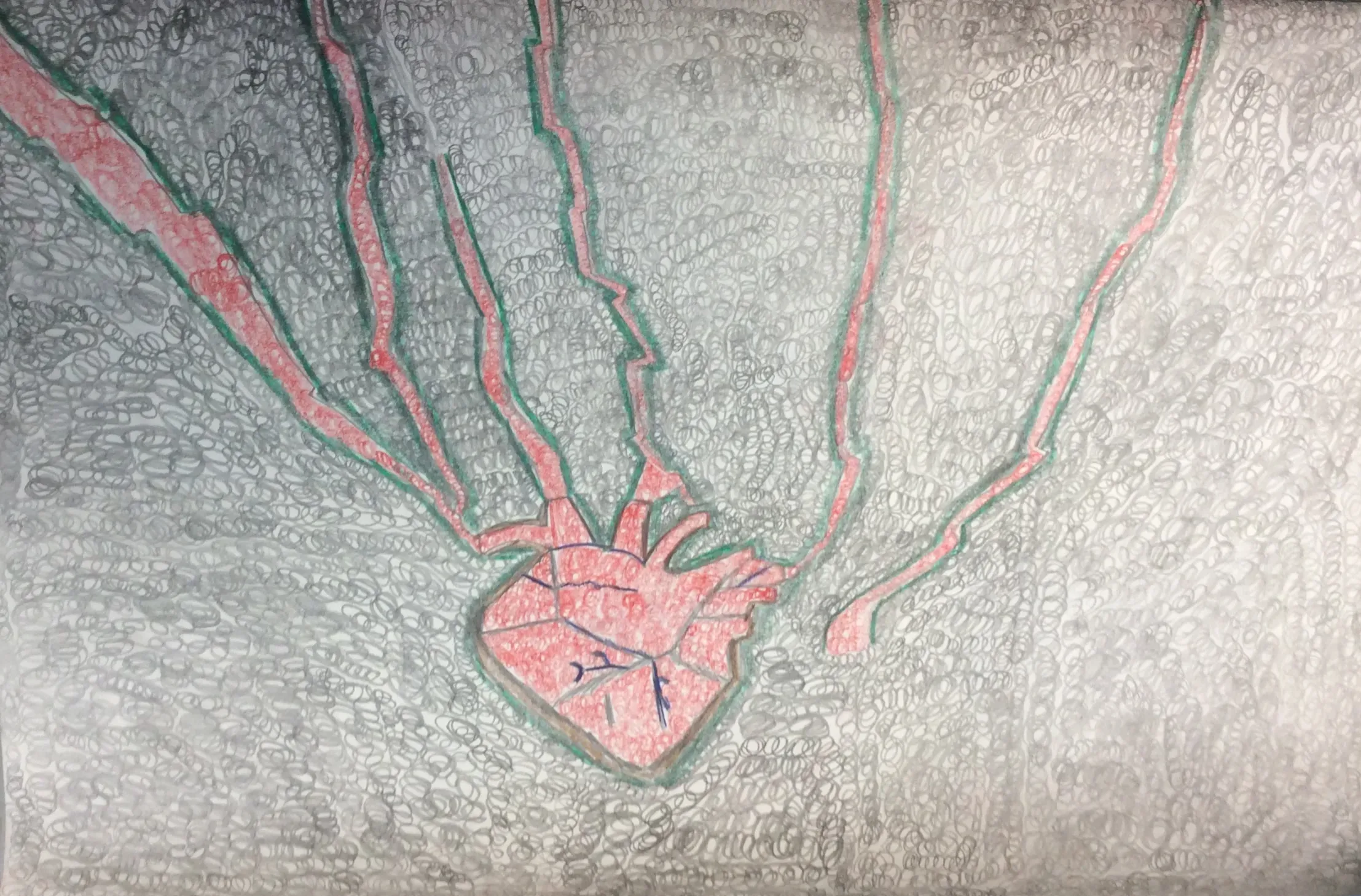 A drawing on a background of small grey circles shows a red heart at the bottom. Red lines that look like lightning reach up from the heart to the top of the page.