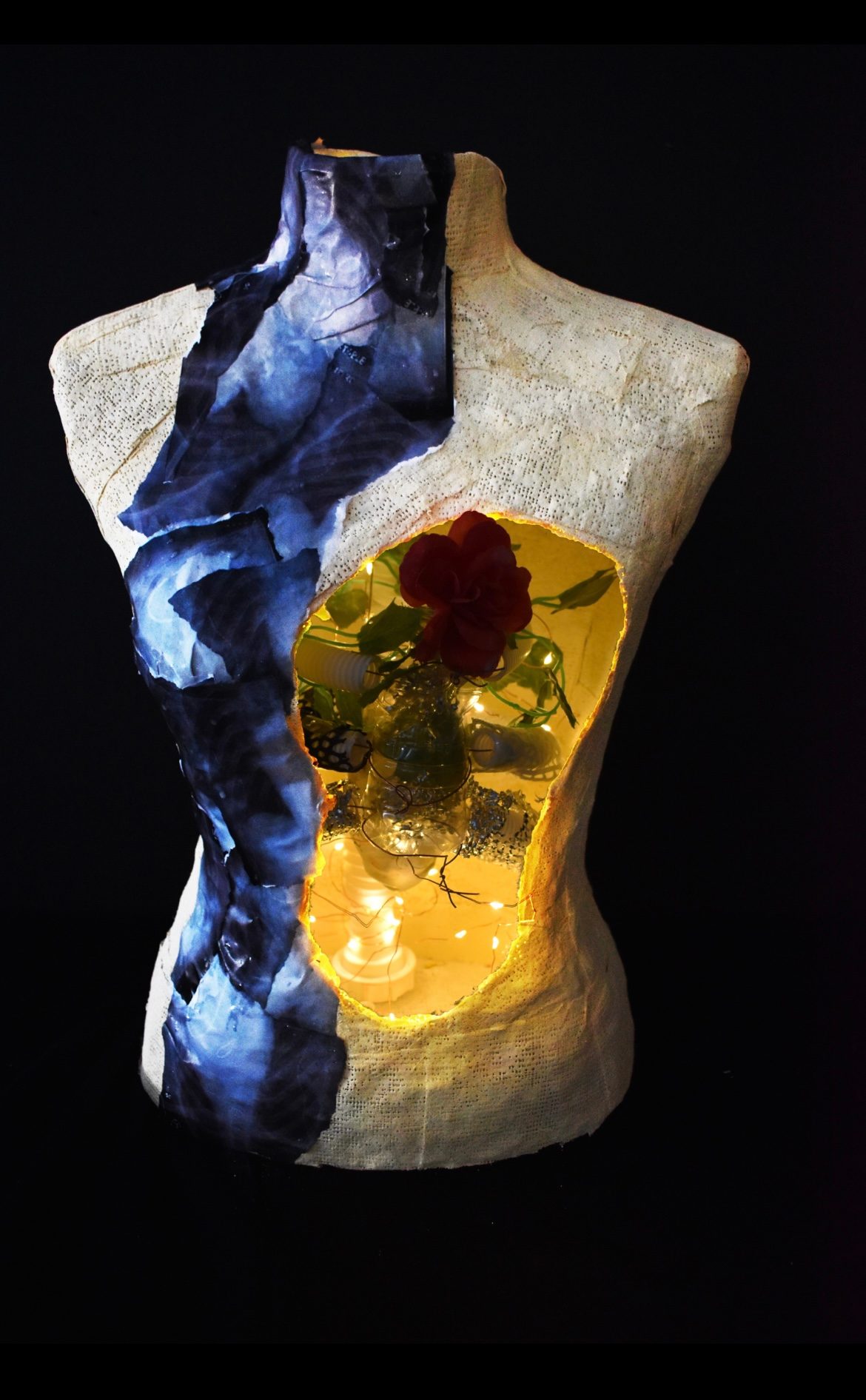 A white, textured torso stands against a black background. A dark blue patch covers the left side of the neck and chest. A large hole takes up most of the right side. A red rose with green leaves sits inside the cavity. Tiny, warm yellow lights glow around the rose, filling the inside of the torso with light.