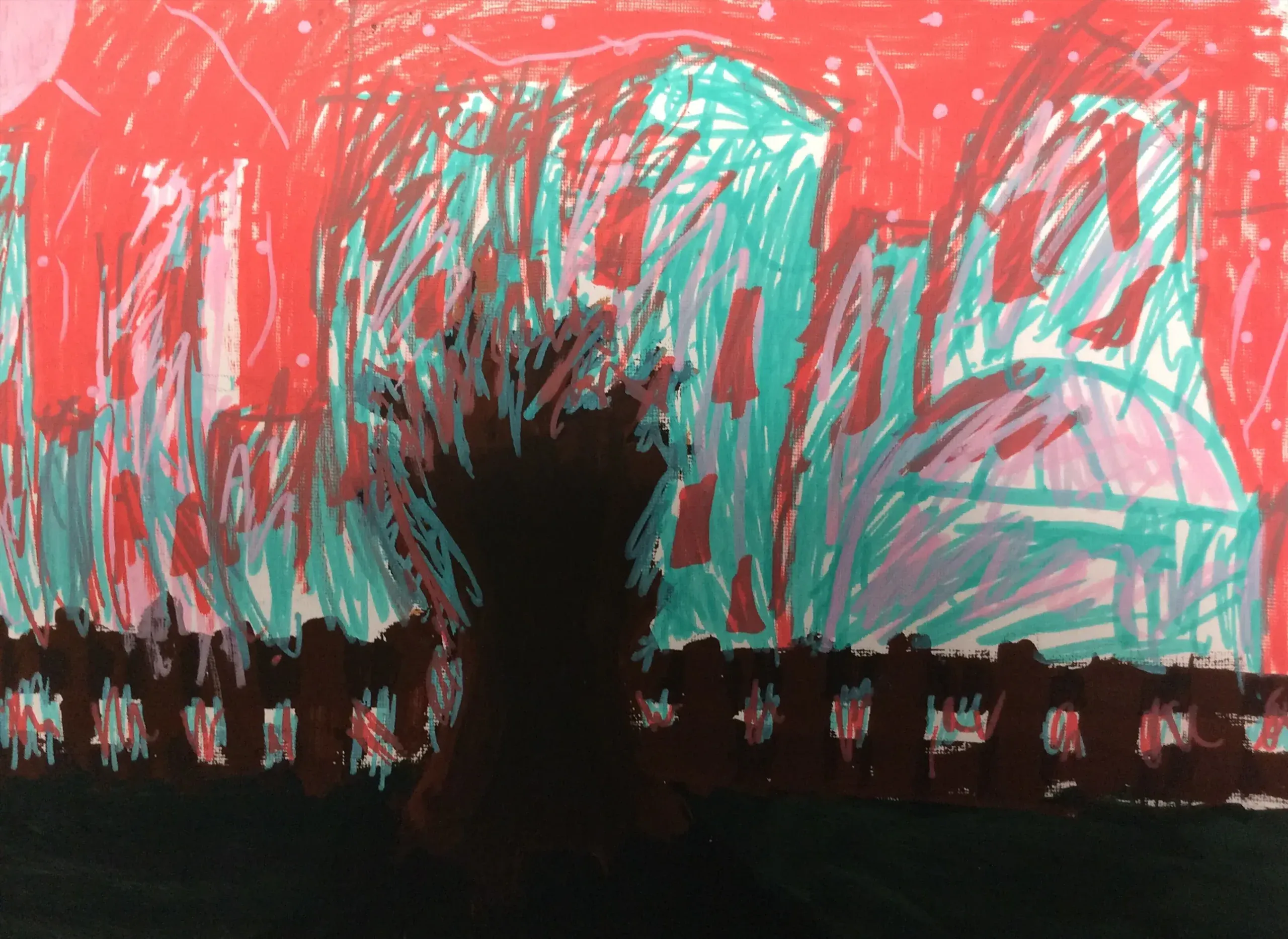 A busy picture shows a thick, dark tree trunk in the centre, standing behind a brown wooden fence. The background is filled with messy scribbles of light blue, pink, and red. Small white dots that look like snow or stars are scattered across a bright red sky.