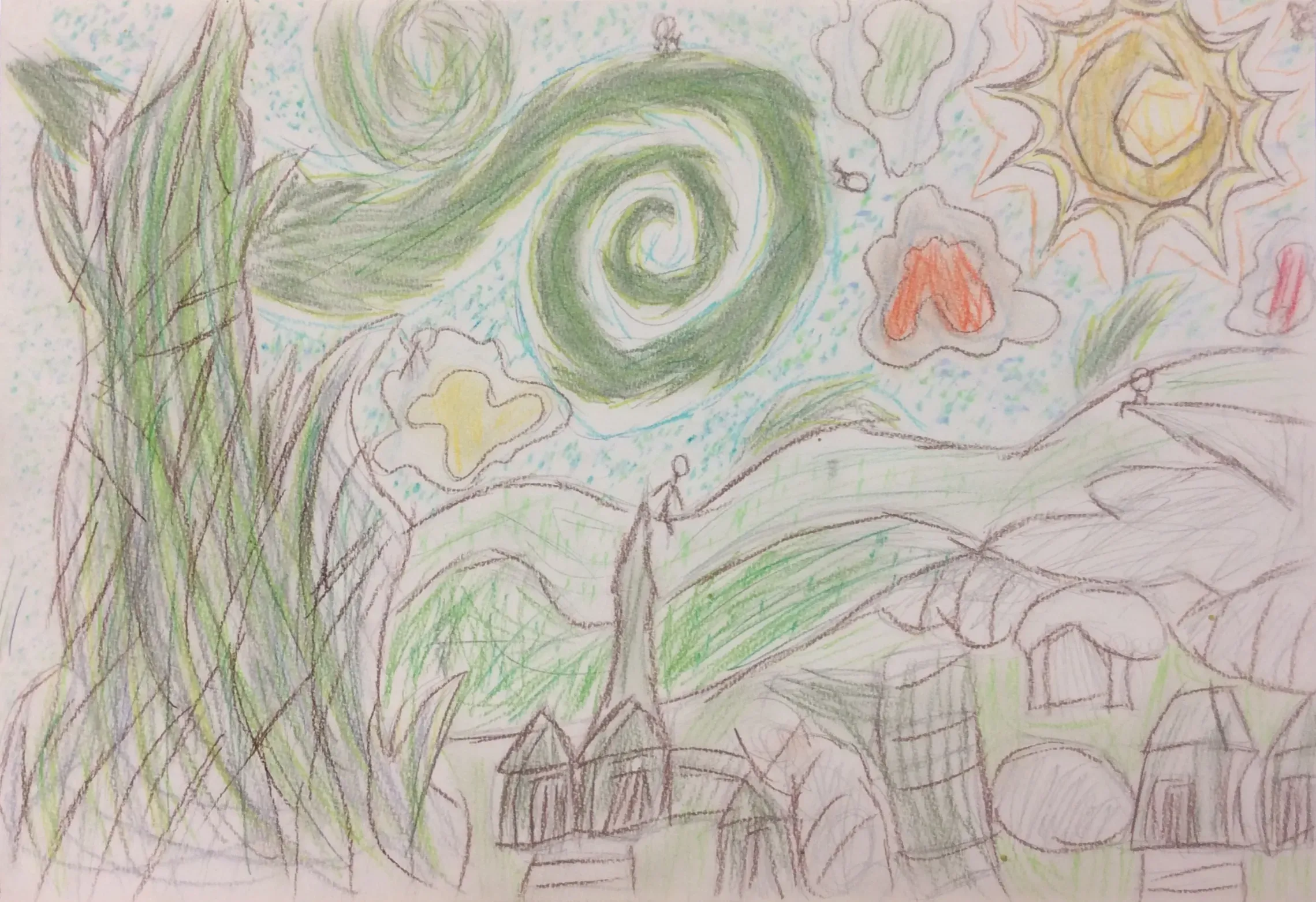 A drawing in coloured pencil shows a light blue sky with a large green swirl in the centre. In the top right corner, there is a large yellow sun with many pointed rays. On the left side, a tall green and grey shape reaches from the bottom to the top. At the bottom, there are small grey buildings with pointed roofs.