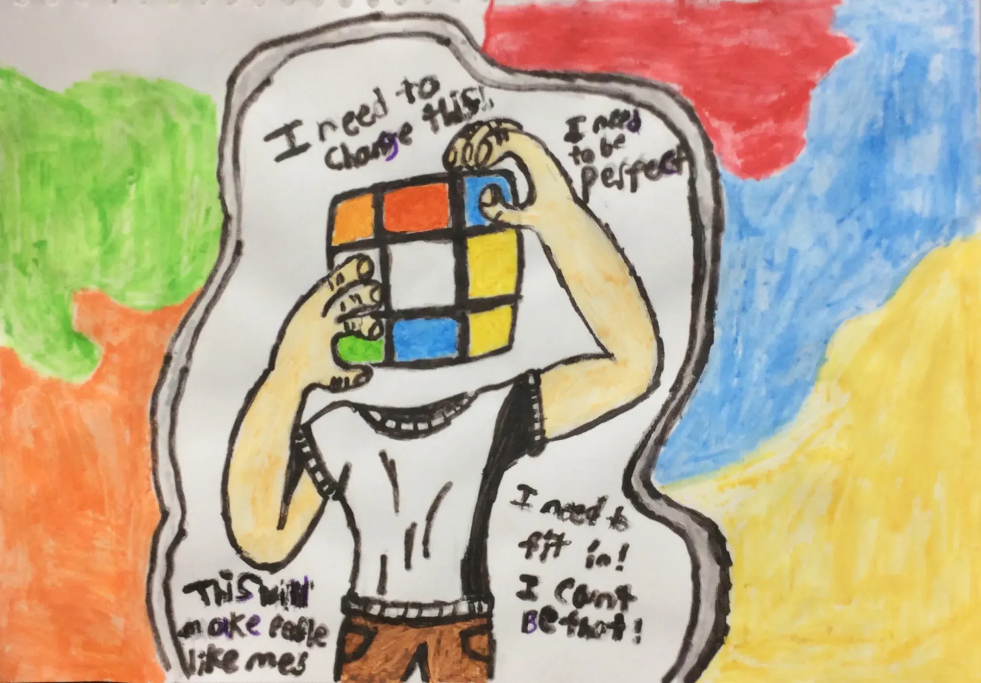A drawing of a person wearing brown trousers and a white tshirt with a Rubik's cube for a head. Their hands reach up as if holding the Rubik's cube. Around the person, there are handwritten notes that say, 