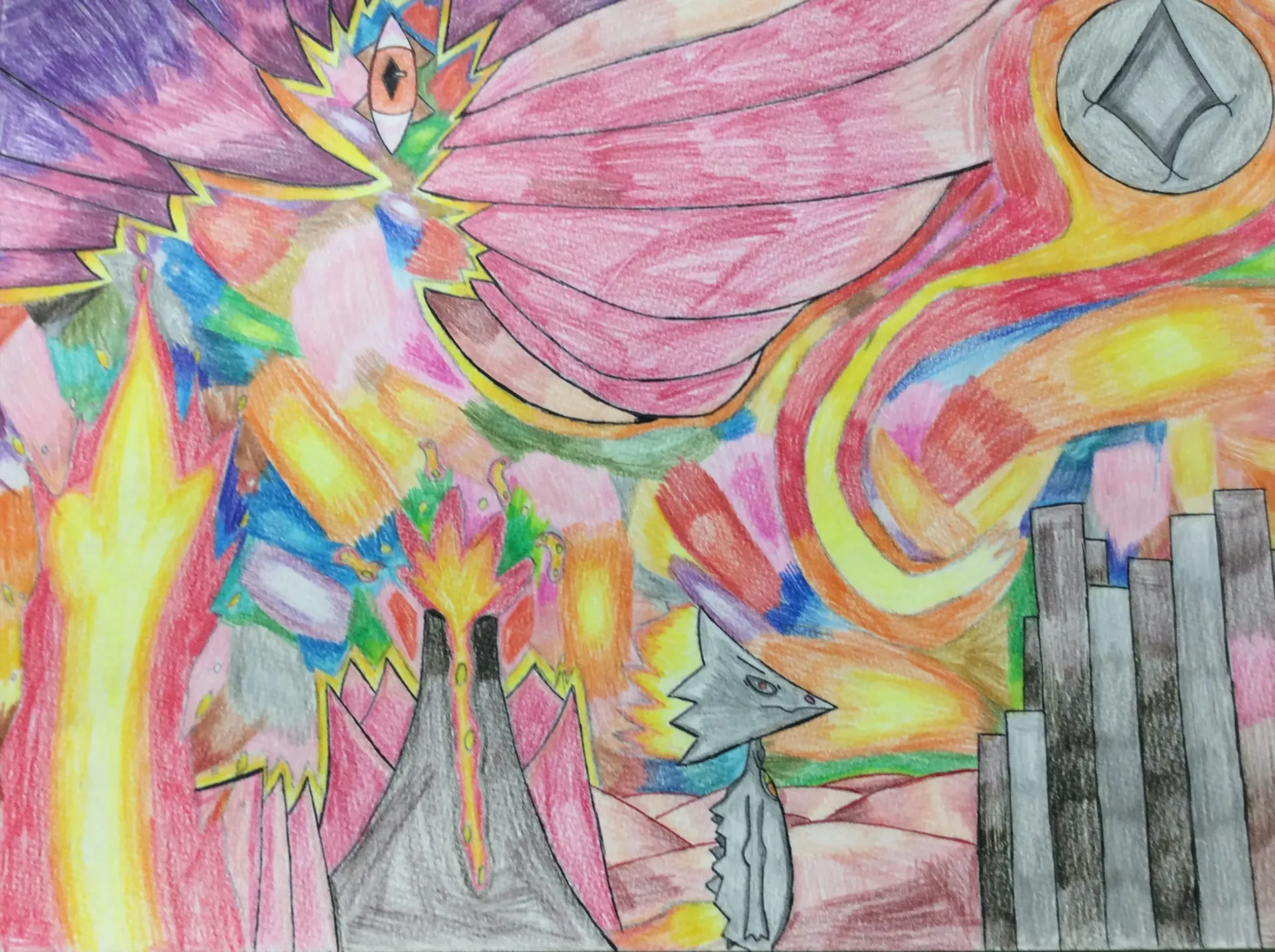 A bright drawing shows a large, pink bird-like creature with a single orange eye and pointed wings. Below the creature, a grey volcano with two tops lets out yellow and red fire. A small grey character with a pointed head stands on a pink ground next to tall, dark grey buildings. On the right side, there is a grey circle with a diamond shape inside it. The background is filled with many colourful strokes of orange, yellow, and purple.