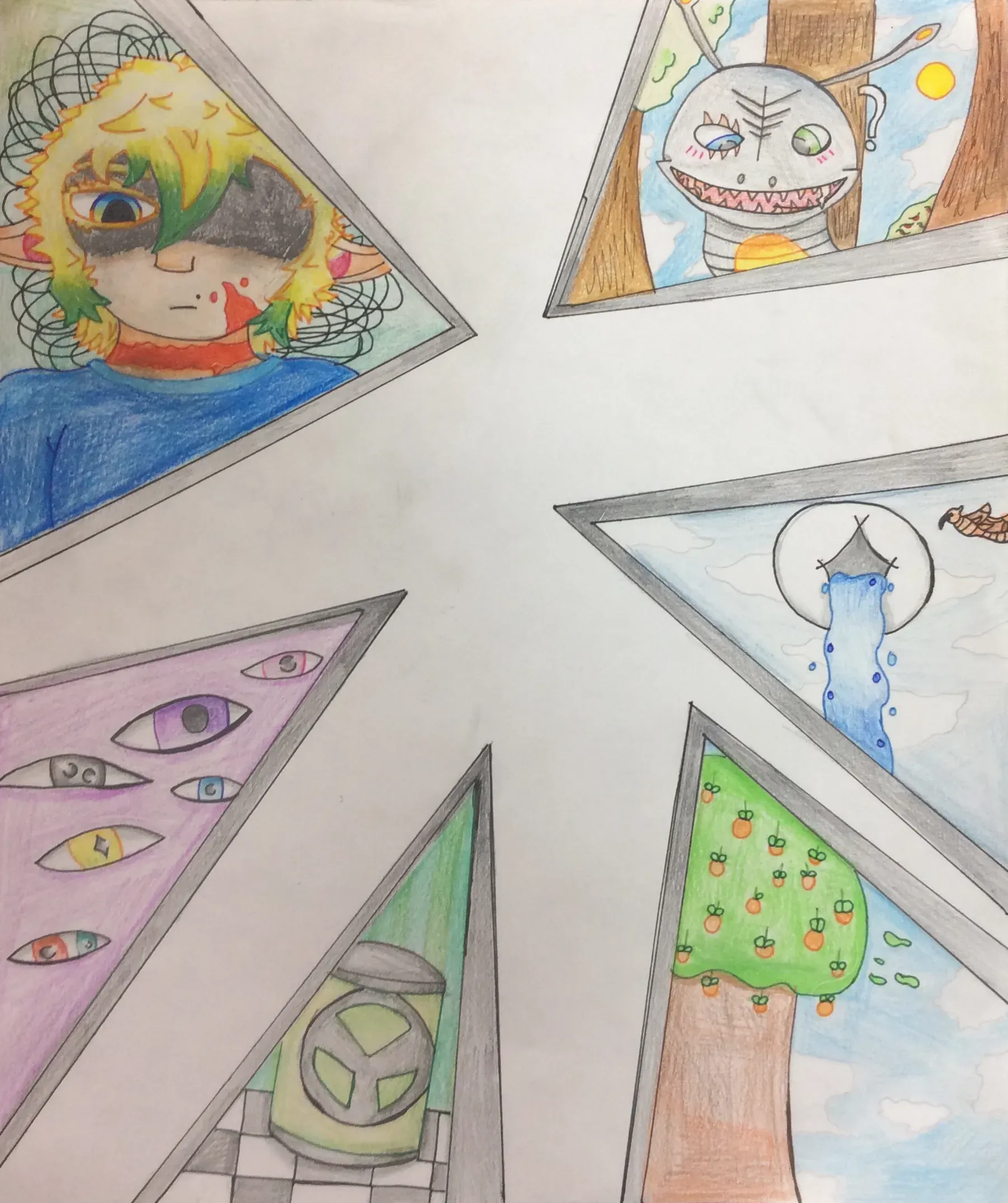A colourful drawing shows six triangular windows looking out into different scenes on a white background. One window shows a character with yellow and green hair and a bandage over one eye. Another shows a grey monster with sharp teeth standing between trees. Other windows show a purple space with many eyes, a green object with a symbol, an orange tree, and a waterfall.