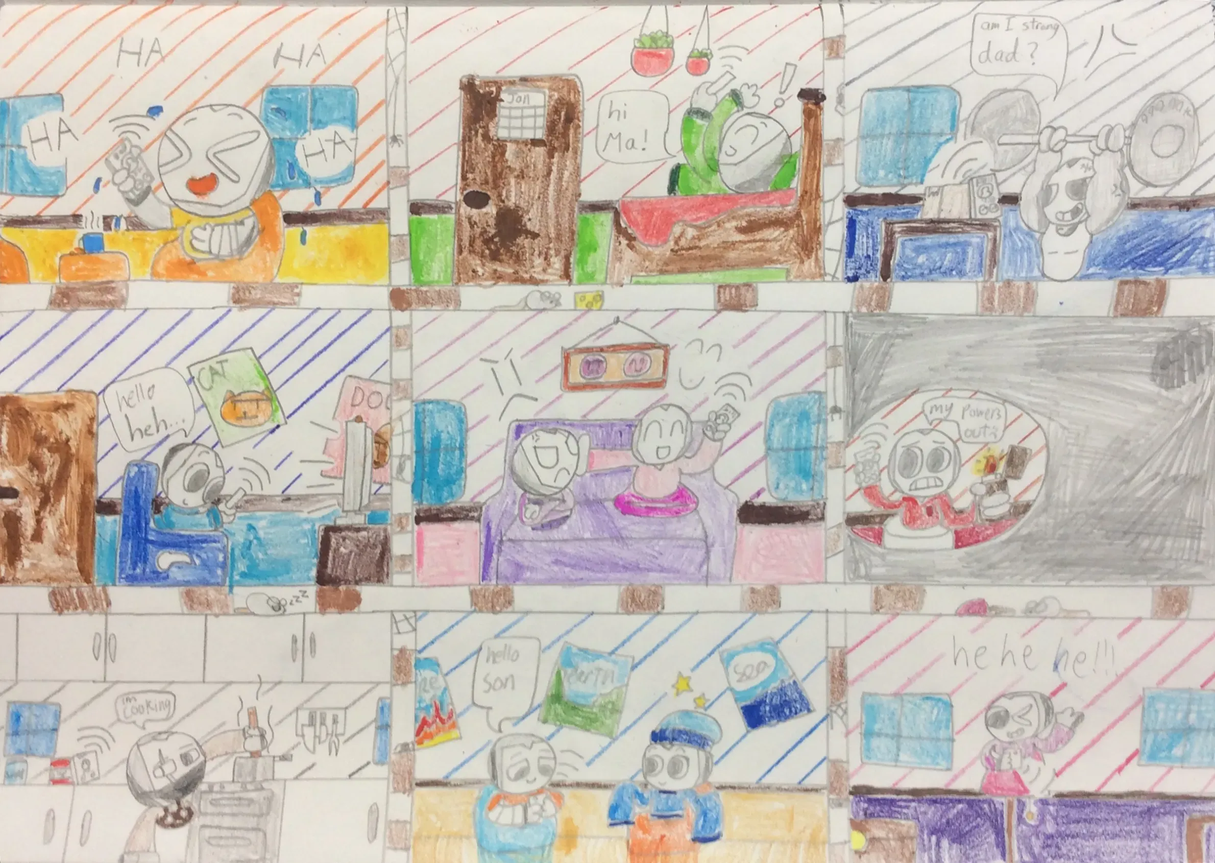 A colourful drawing shows nine different rooms in a building, each with round-headed characters doing different things. In one room, a character laughs while watching television. In another, a character lifts heavy weights and asks, 