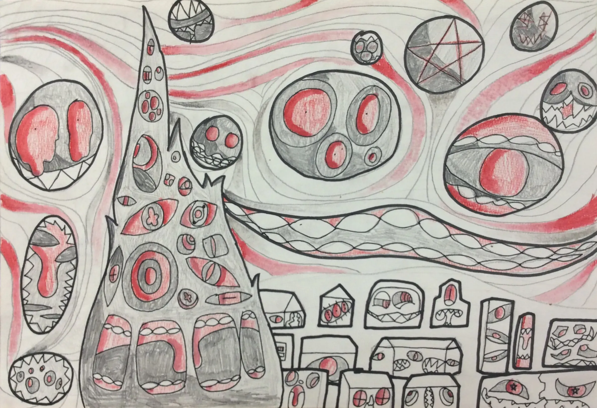 A pencil drawing shows a large, grey mountain-like shape on the left, covered in many red eyes and open mouths with sharp teeth. In the background, there are swirling grey and red lines, along with several floating grey circles that also have red eyes, teeth, or a star symbol. At the bottom right, there is a collection of buildings, each filled with more red eyes and mouths.