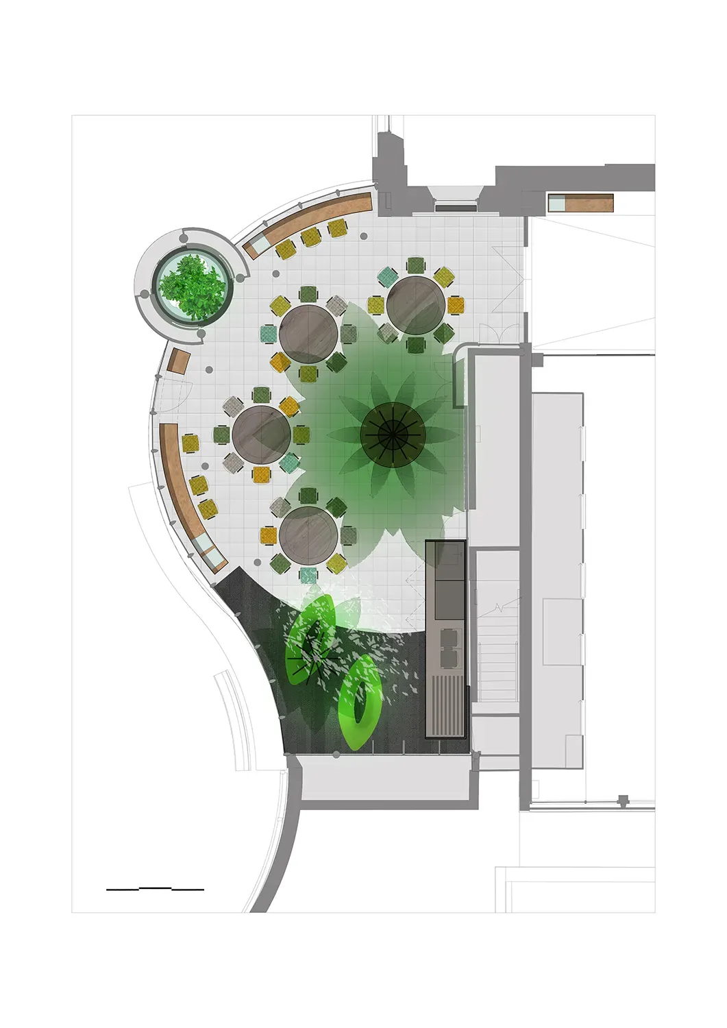 A floorplan drawing of a room shaped almost like a lightbulb. In the centre, six round grey tables sit around a large green star shape. Another green leafy shape is sat in a small circular area to the top of the room. Each table has many colourful chairs. The wall on the left is curved and has a long wooden bench.