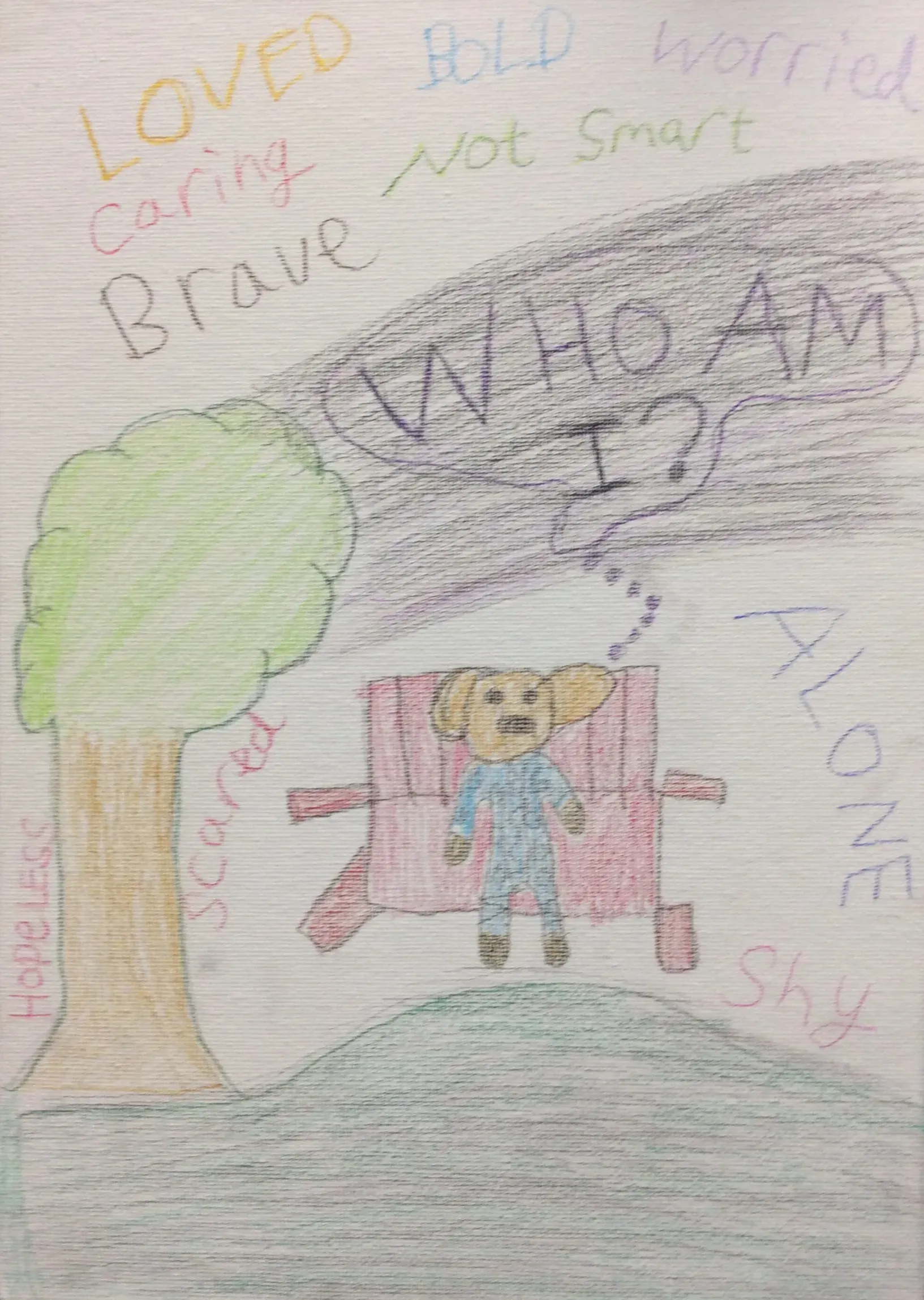 A pencil drawing shows a small character with large ears sitting alone on a red bench next to a tree. The character has a thought bubble containing the question 