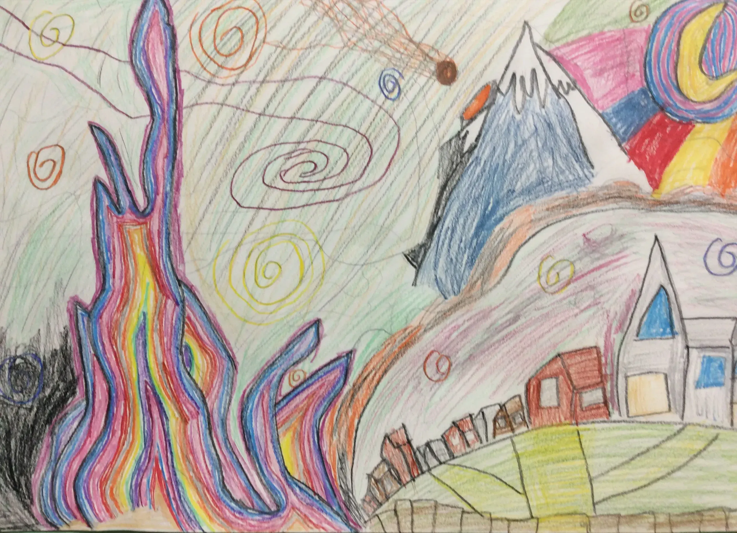 A pencil drawing shows a night sky filled with many small, colourful swirls of orange, yellow, and blue. On the left, there is a large, jagged shape with layers of purple, pink, and yellow lines. In the middle, a snow-capped blue mountain stands next to a brown slope. A small meteor with a red tail streaks across the green-shaded sky. At the bottom right, a small village with red and white houses sits on a green hill behind a brown fence. A bright yellow crescent moon is visible in the top right corner against a background of red and blue stripes.