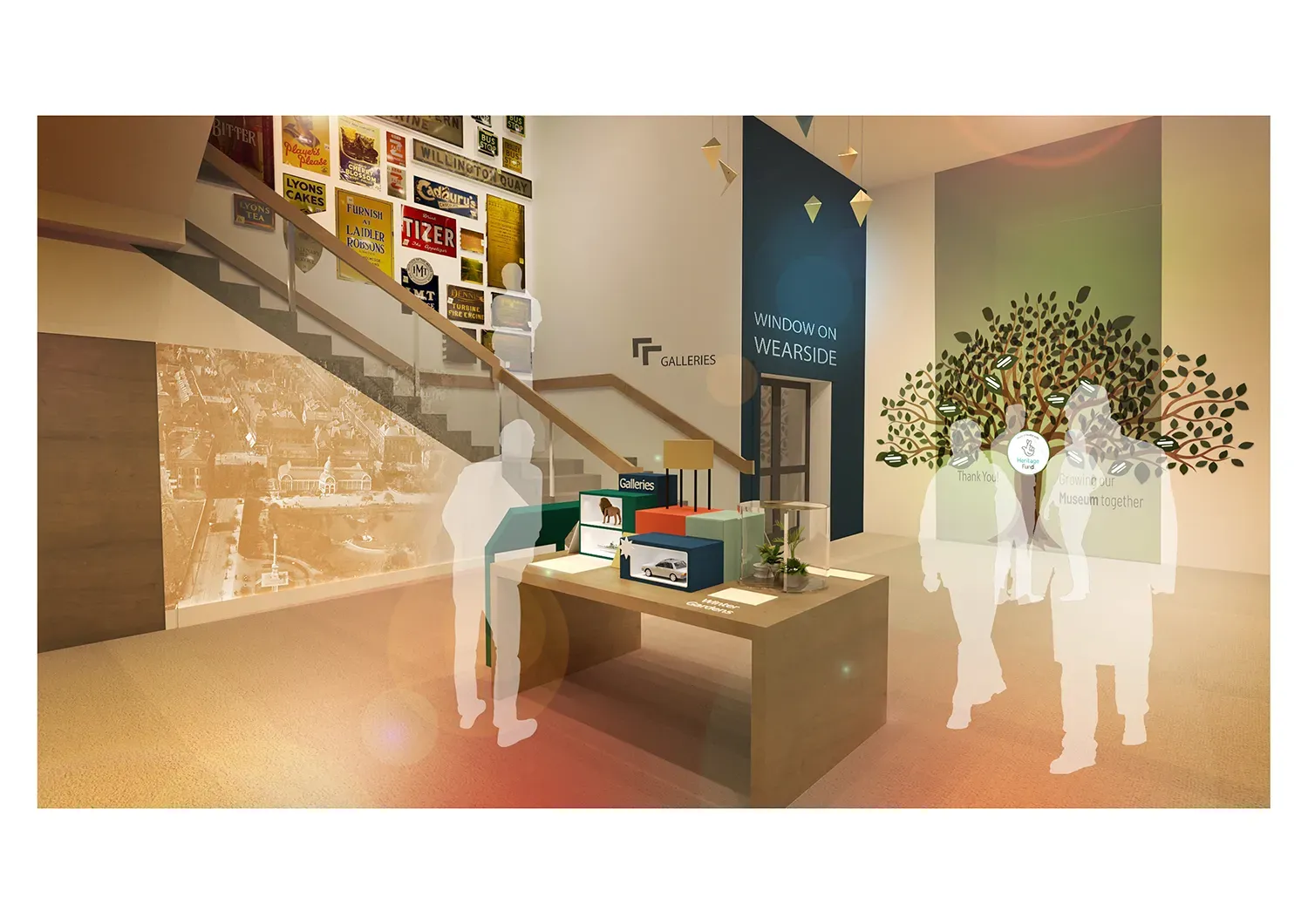 A large indoor room has a staircase and many colourful signs on a wall. In the middle, a wooden table holds colourful boxes and a small white model car. Several white figures stand around the space. A green wall to the back has a tree mural on it.