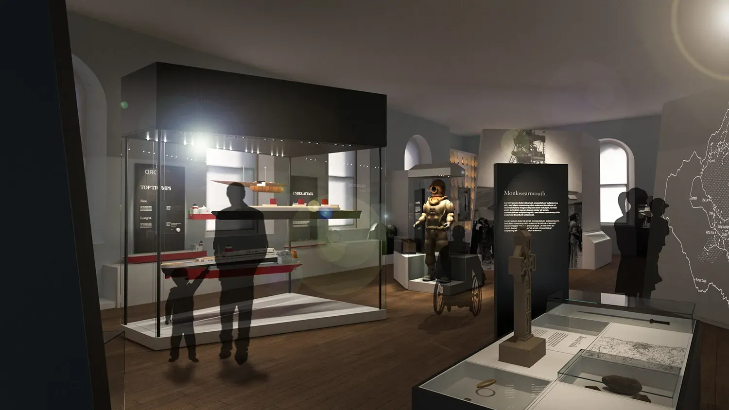 A museum room has wooden floors and many glass cases. On the left, a large glass case holds models of long ships. Dark shapes of a tall person and a small child look at the ships. In the background, a tall, old diving suit stands in its own case. Black signs with white writing stand on the floor. On the right, another case shows a stone cross and some maps. Grey walls in the back have large maps and pictures on them.