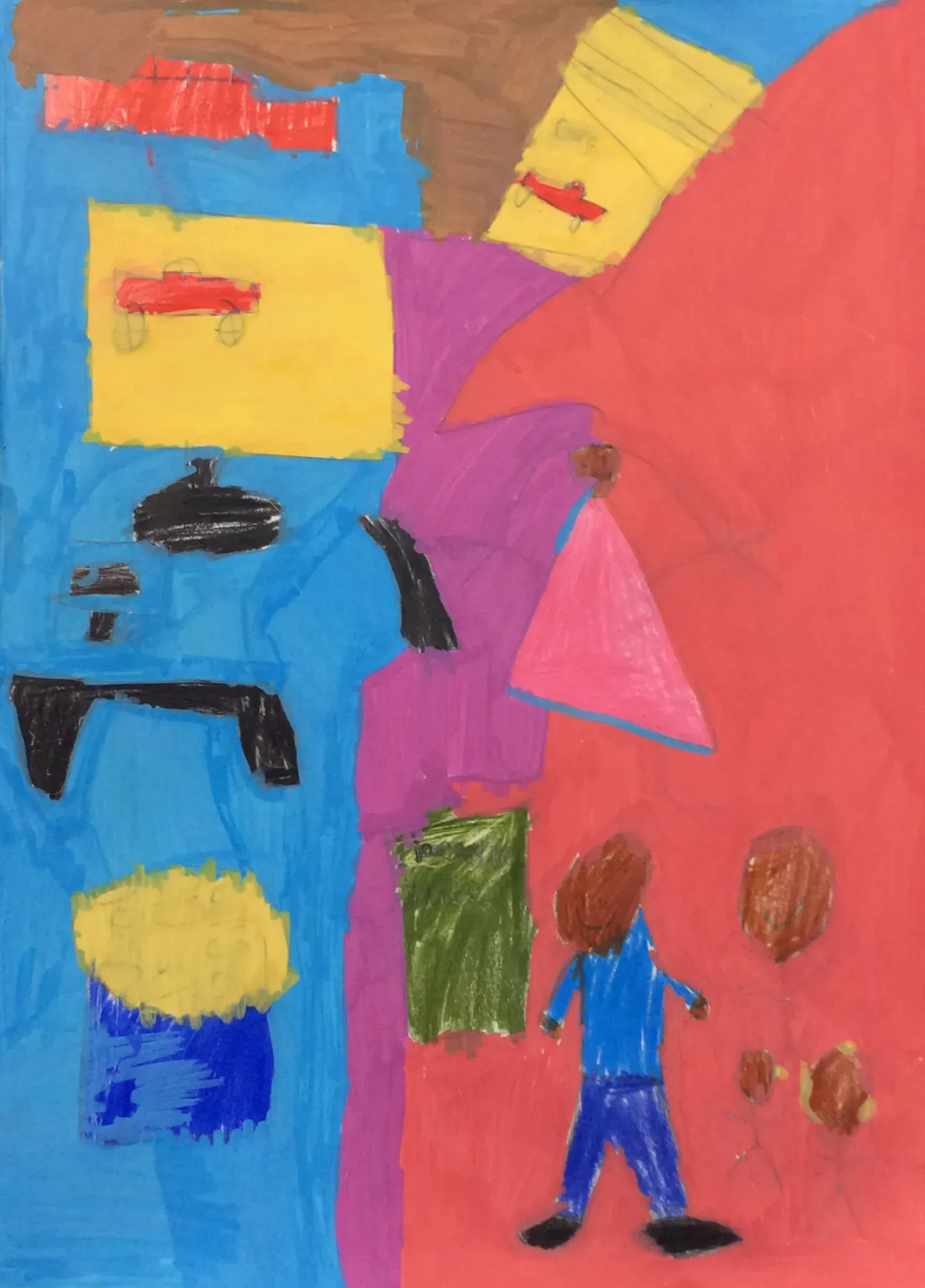 A colourful picture with a large blue section on the left with black shapes in the middle and red cars at the top. On the right is a red section with figures to the bottom, one is drawn wearing a blue outfit standing alongside three stick figures. There are blocks of yellow, blue and brown around the page.