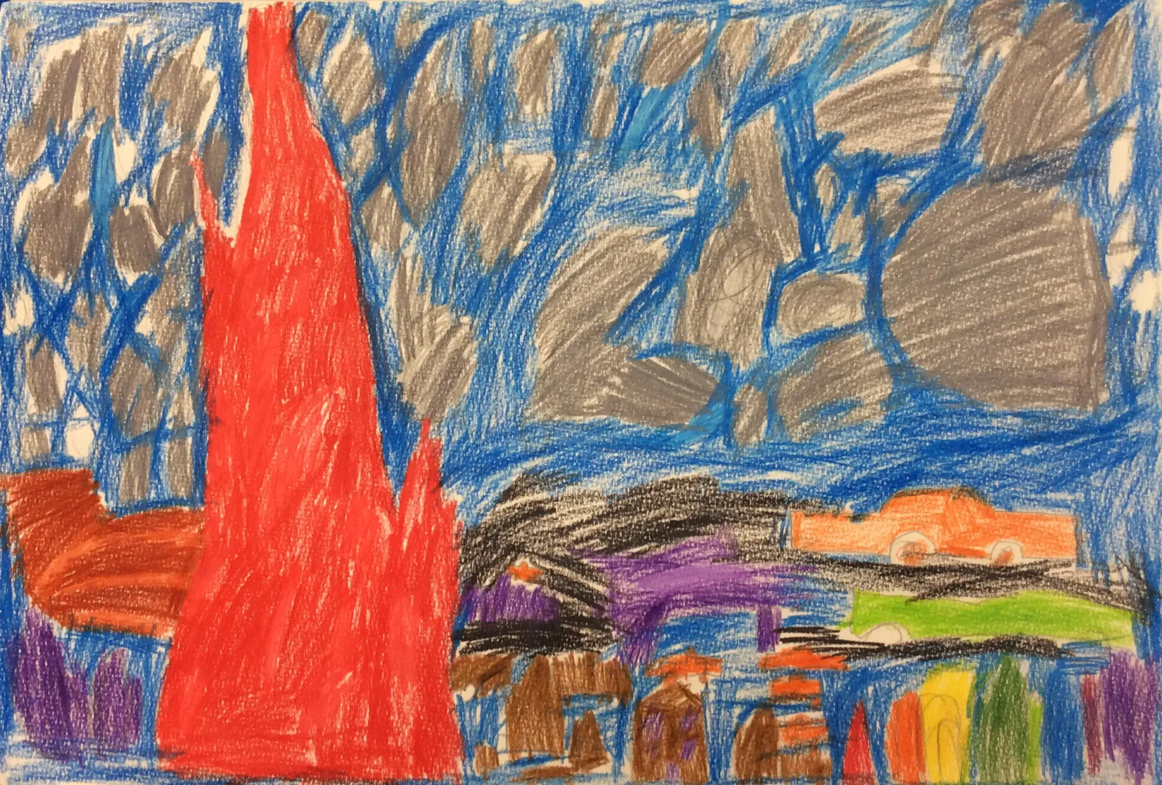 A abstract drawing of a street with a tall, pointed red shape on the left side. On the right, orange and green cars sit on a dark road. Below the road are small brown buildlings and several tall, thin shapes in green, orange, and yellow. The background is a bright blue sky filled with many large, grey shapes.