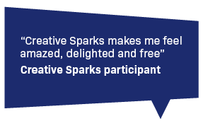 A blue speech bubble contains a quote. White text reads: 'Creative Sparks makes me feel amazed, delighted and free. Bold text underneath reads: 'Creative Sparks participant'