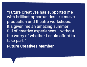 Blue speech bubble with a quote in white that reads: 