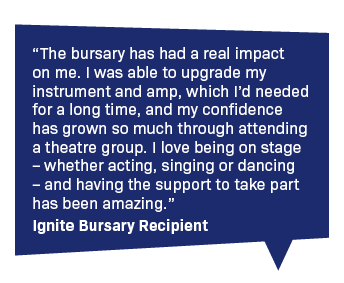 Blue speech bubble with a quote in white that reads: 