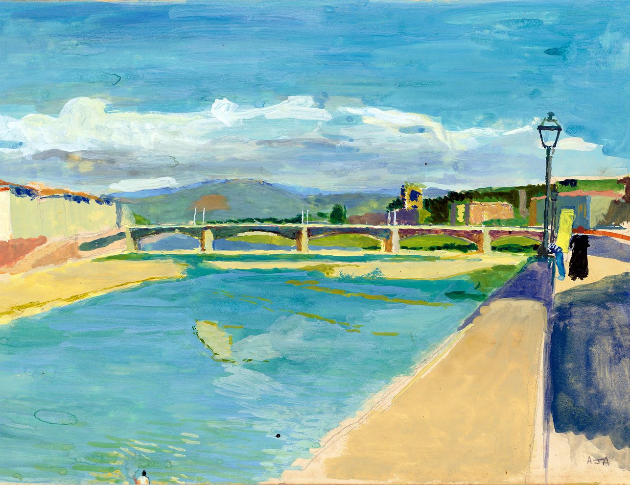 An slightly abstract city riverside city scene with a bridge over a sky blue coloured river